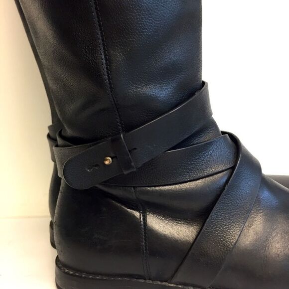 COLE HAAN Black Flat Leather Riding Boots With Ankle Strap 7 - Picture 4 of 9
